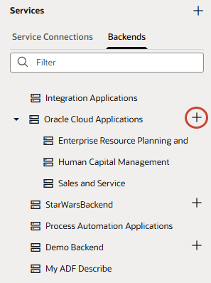 Image shows a list of backends in the Backends tab, including Oracle Cloud Applications. The + sign next to Oracle Cloud Applications is highlighted.