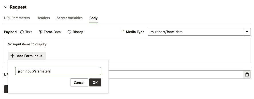 Screenshot showing the Form-Data payload option selected, the Media Type set to multipart/form-data, and an open form for defining input elements for data values