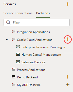 Image shows a list of backends in the Backends tab, including Oracle Cloud Applications. The + sign next to Oracle Cloud Applications is highlighted.