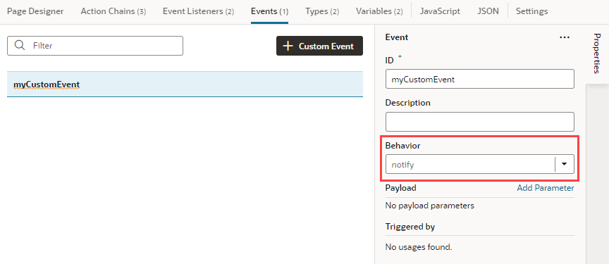 A custom event's Properties pane with the Behavior field highlighted