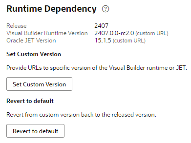 Runtime Dependency section when a custom version is set. The option to Revert to default is enabled.