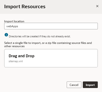 Import Resources dialog showing a blank Import location field and the sitemap.xml selected for import