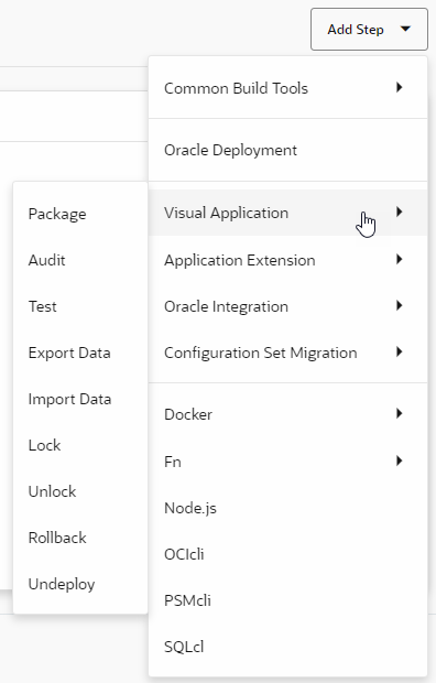 Build options available for a visual application when you click Add Step for a job