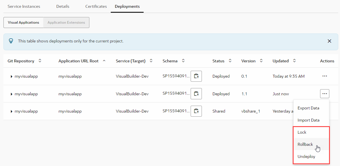 Visual Applications Deployment Tab in Environments Page