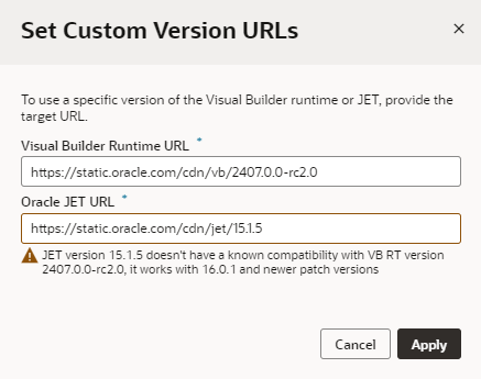 Set Custom Version URLs dialog
