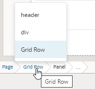 Breadcrumb trail showing Page, Grid Row, Panel, and …. The cursor is hovering over Grid Row, showing the component's siblings (header and div, above Grid Row) in a menu. Grid Row in the menu is highlighted to indicate it's the selected component.