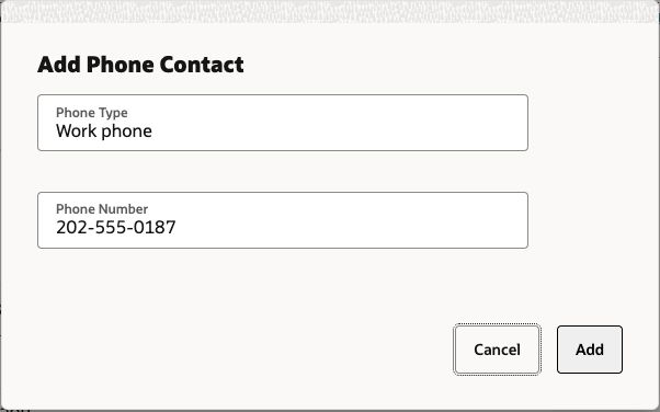 Add Phone Contact dialog with Phone Type set to Work phone and Phone Number set to 202-555-0187