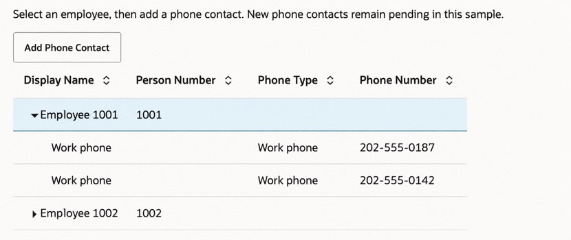 Employee phone contacts table showing two pending Work phone contacts beneath the selected employee