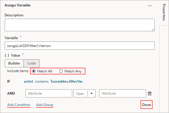 Description of jsac-assign-action-filter-builder-conditions1.png follows