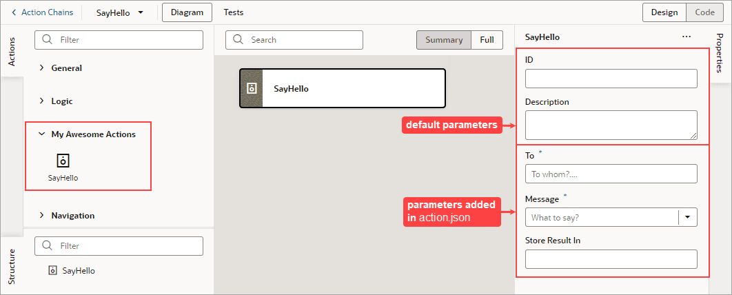 Description of jsac-say-hello-action-properties.png follows