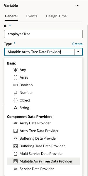 Variable Type list showing Array Tree Data Provider, Buffering Tree Data Provider, and Mutable Array Tree Data Provider under Component Data Providers