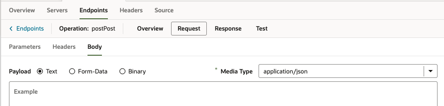 Screen shot showing payload selection options from the Body tab under the Endpoint editor's Request tab