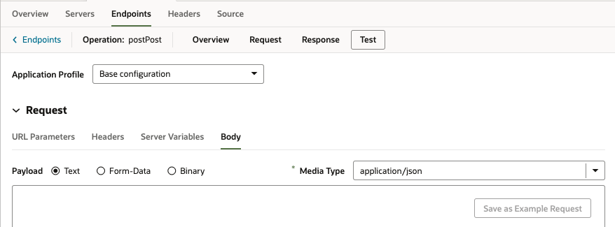 Screen shot showing payload selection options from the Body panel under the Test tab