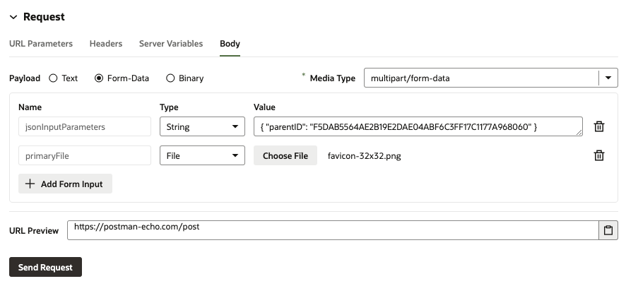 Screenshot showing String and File elements being added to the input form