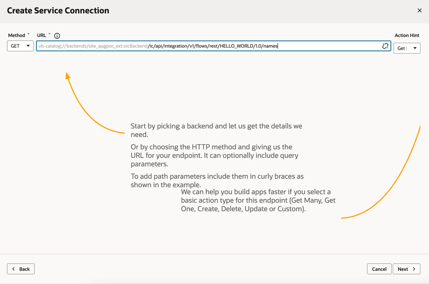 The Create Service Connection screen used to create a service connection by using its endpoint, which you add to the URL field, and select a Method (GET) and an Action Hint (Get Many)