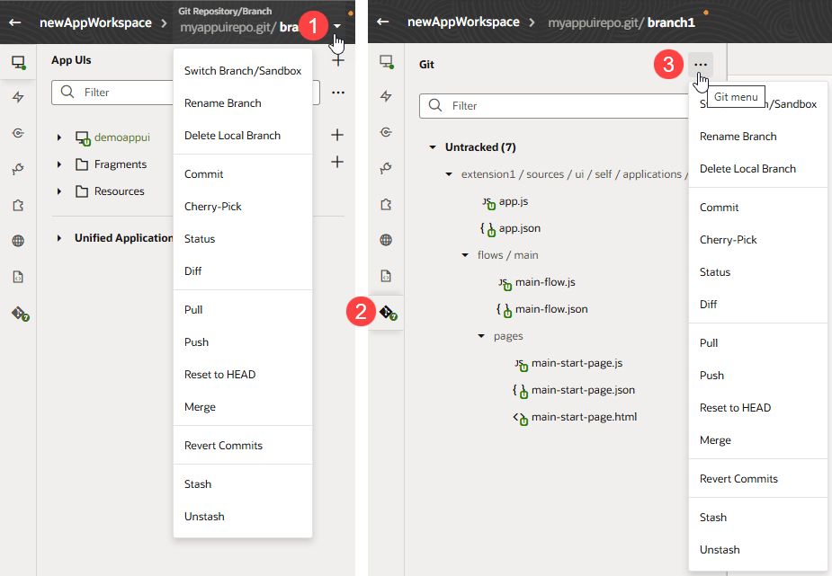 Description of gitmenuandpanel1.png follows