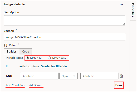 Description of jsac-assign-action-filter-builder-conditions.png follows