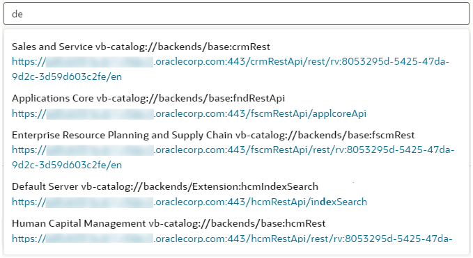 List of backends that appear when you create a service connection