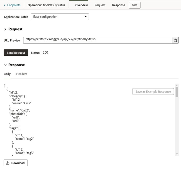 Screenshot showing the endpoint's Test tab with the Download button for saving the response's text payload.