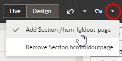 This image shows a list of actions when a user clicks the Redo drop-down. Actions shown here are Add Section /hcm-foldout-page and Remove Section hcmfoldoutpage. The first action (Add Section /hcm-foldout-page) is selected.