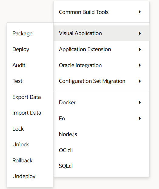 Build options available for a visual application when you click Add Step for a packaging job