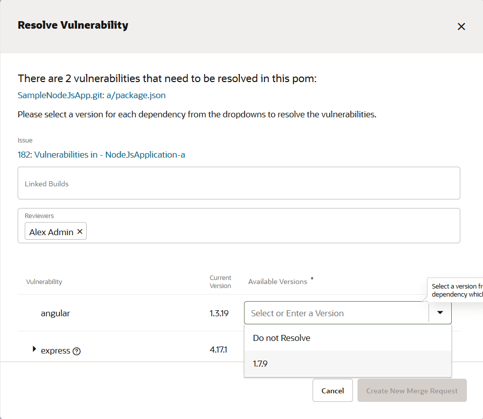 Resolve Vulnerability dialog box