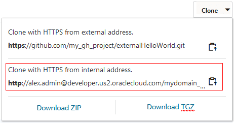 the Clone menu of an external Git repository