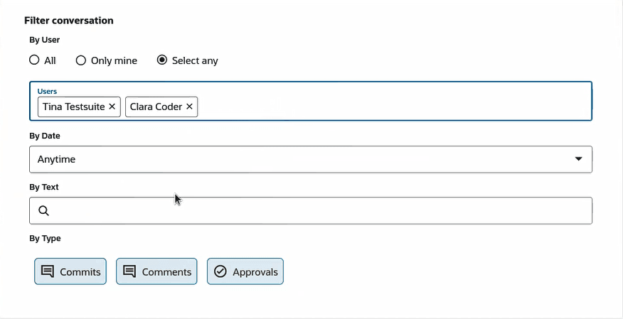 Filter conversation dialog box showing Select any user (Tina Tester and Clara Coder were selected); Anytime was selected by date, no Text string was specified. and Commits, Comments, and Approvals were all selected as types to filter by so they are shaded as opposed to being shown unshaded to indicate that they were inactive selections.