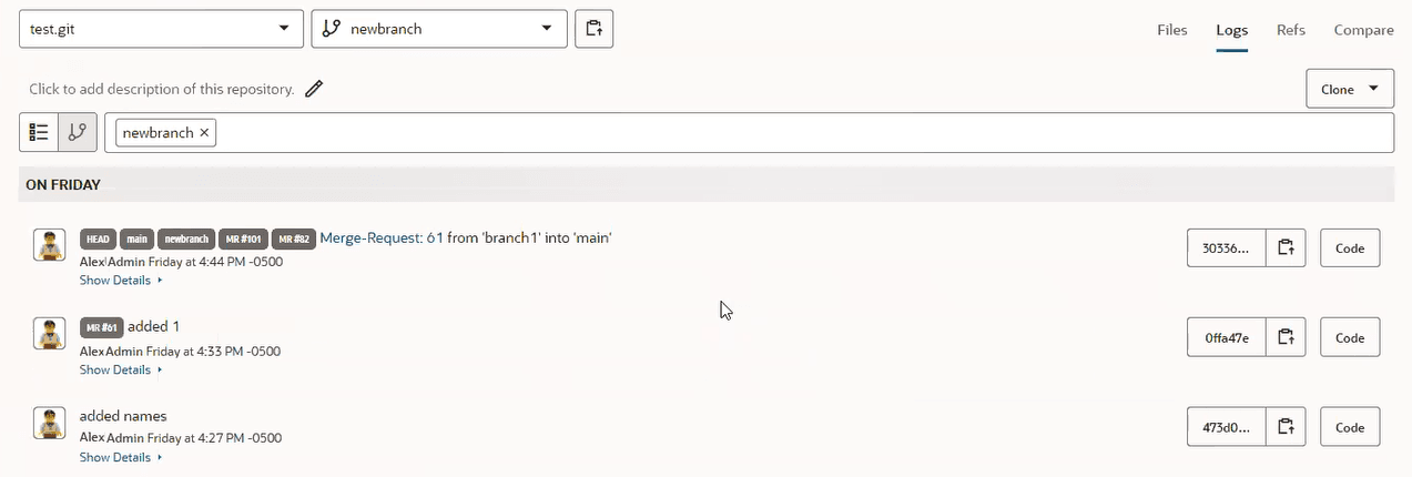 Branches page showing information, including activity, about the branch newbranch in the test.git repository. Three actions are shown.