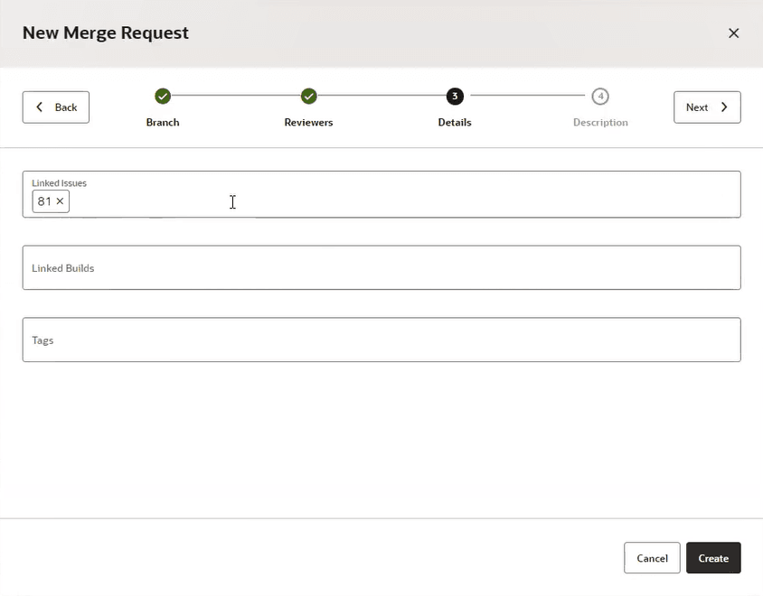 Details dialog in the New Merge Request wizard, with 81 selected as the linked issue. There are no linked builds or tags. The Create button can be clicked if you want to bypass the Description dialog and create the MR without any additional information. Otherwise click the Next > button and go to the Description dialog.