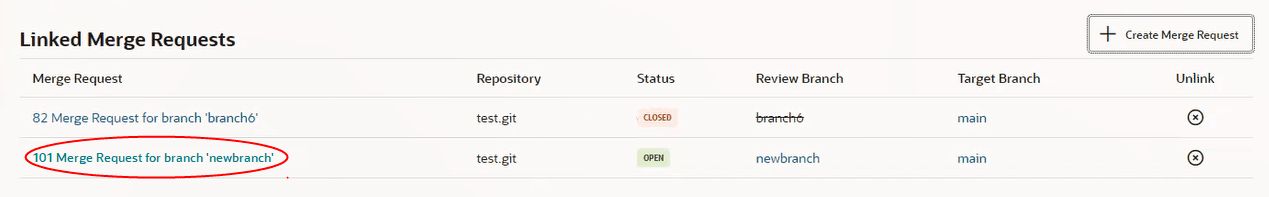 Linked Merge Requests section on the Issues page with the link for the new open MR, 101 Merge Request for branch 'newbranch', circled in red in the Merge Request column on the left.