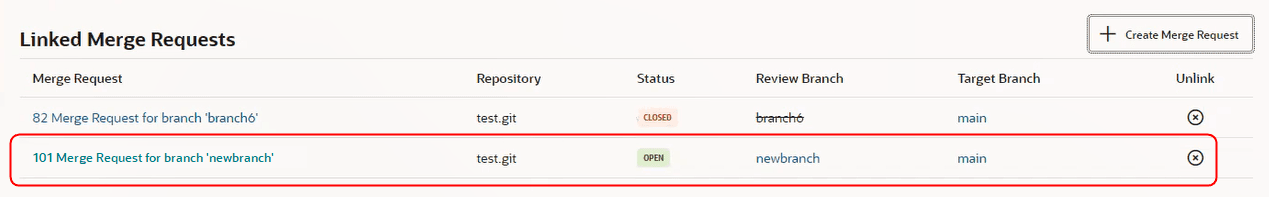 Linked Merge Requests section on the Issues page. Two linked issues are shown, the closed MR, 82 Merge Request for branch 'branch6' and the new open MR that you just created, 101 Merge Request for branch 'newbranch'. Both branches are in the test.git repository and the target branch main. The closed MR's review branch is branch 6 and the open MR's review branch is newbranch.