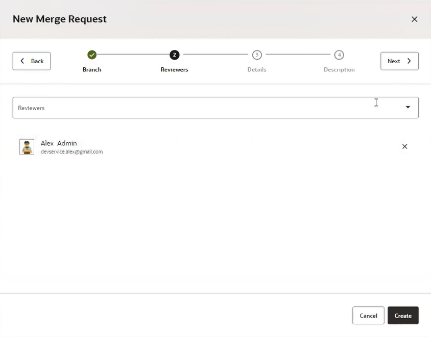 Reviewers dialog in the New Merge Request wizard, with the current user, AlexUpdated Admin, automatically added. Click the Reviewers selector to add more users or groups as reviewers.
