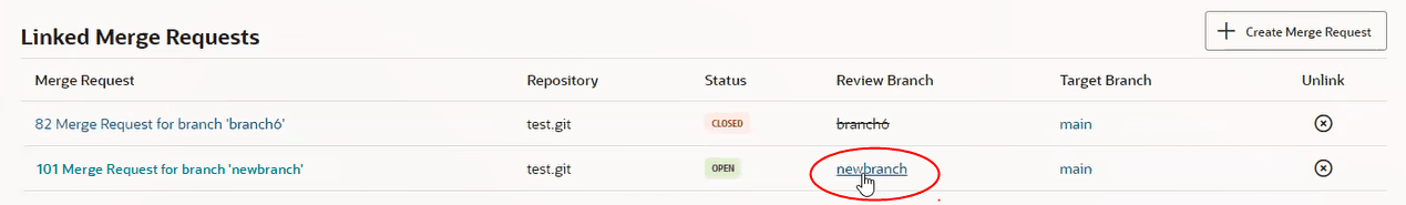 Linked Merge Requests section on the Issues page with the link for newbranch circled in red in the Review Branch column. This is link to click to take you to the Branches page.