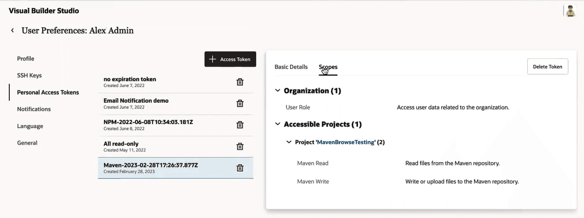 Alex Admin's User Preferences window is open and the Personal Access Tokens tab is selected, showing 5 tokens. The bottom token is the one of interest because it is scoped to the Maven project that the authentication is being configured for. It shows that the user role can access user data related to the organization and that both Maven Read and Maven Write permissions have been granted.