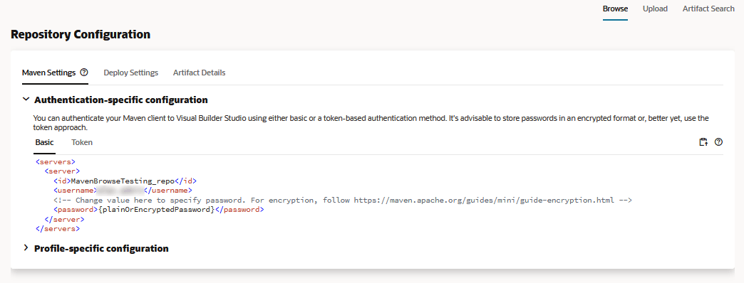 The Repository Configuration pane shows the Maven Settings tab open. The Authentication-specific configuration settings are expanded and the Basic tab is selected. You copy the snippet you use for basic authentication by clicking the Copy icon above the snippet. The Profile-specific configuration information is collapsed.
