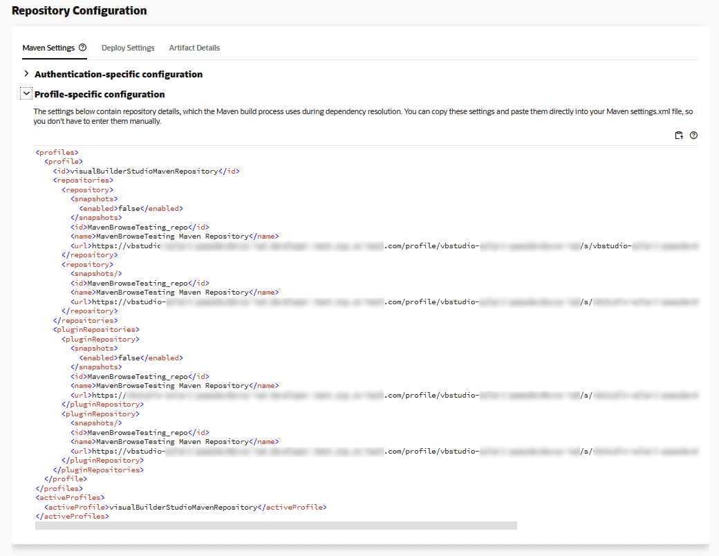 The Repository Configuration pane shows the Maven Settings tab open. The profile-specific configuration settings are expanded and the profiles snippet, containing the <repositories> and <pluginRepositories> elements are shown. The Copy icon is above the snippet. The Authentication-specific configuration information is collapsed.