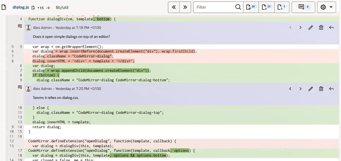 Code editor window showing dialog.js with two comments.
