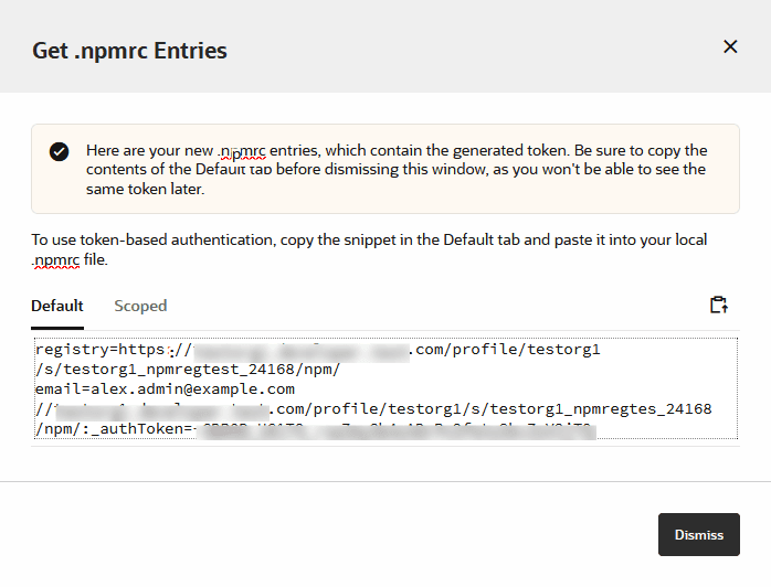 Get .npmrc Entries dialog showing the snippet in the Default tab that you copy and paste into your .npmrc file.