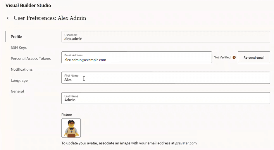 The Profile tab under User Preferences for Alex Admin. The Not Verified error message indicates that Alex's email address hasn't been verified yet. He needs to locate the original verification email from VB Studio of click the Re-send email button to have it resent to him.