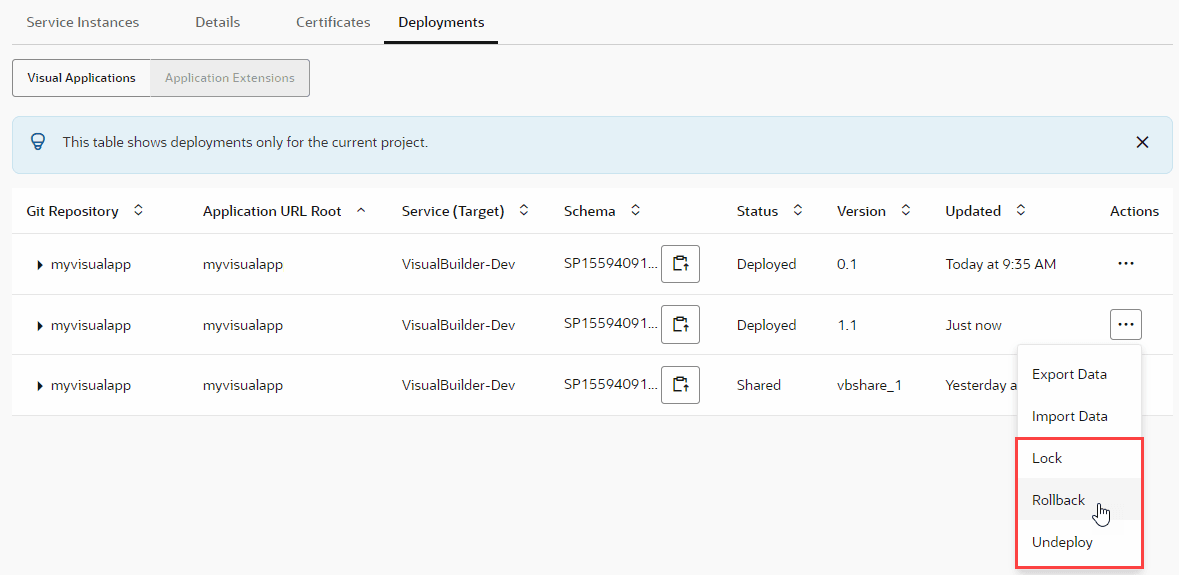 Visual Applications Deployment Tab in Environments Page