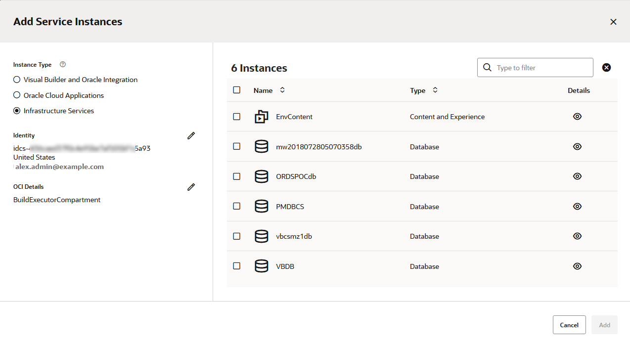 Add Infrastructure Services dialog with 9 resources to select from