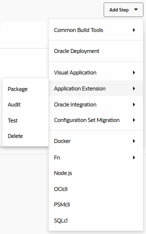Build options available for an application extension when you click Add Step for a packaging job