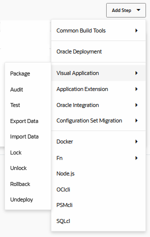 Build options available for a visual application when you click Add Step for a packaging job