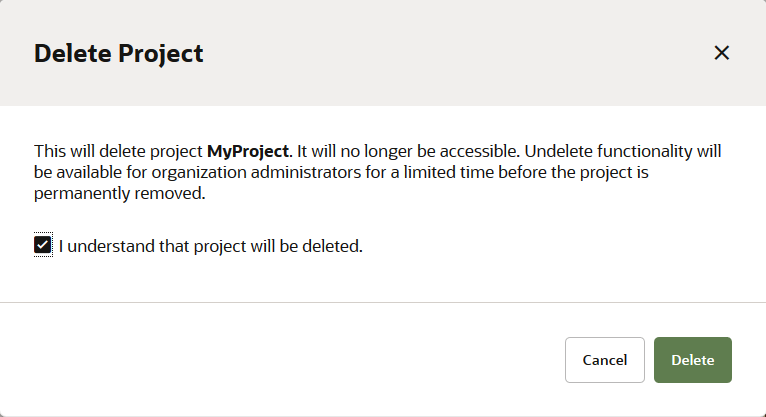 Completed Delete Project dialog