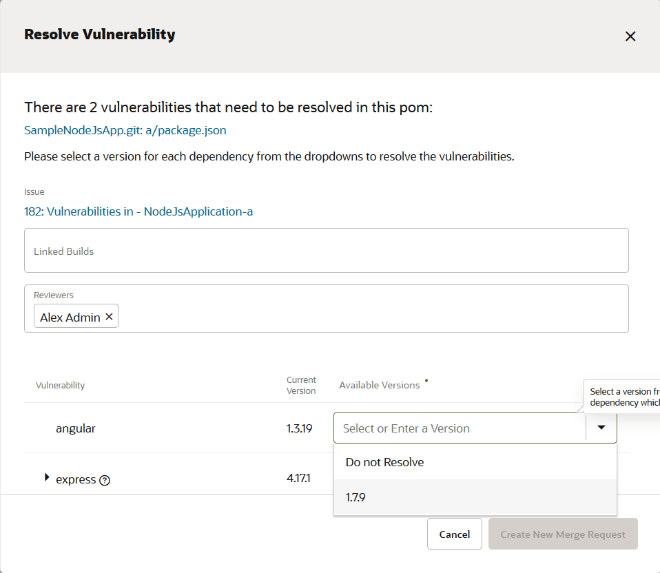 Resolve Vulnerability dialog box