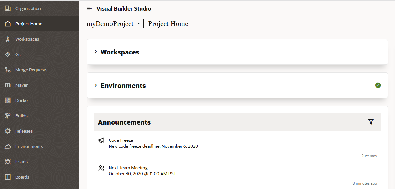 Announcements section on the Project Home page