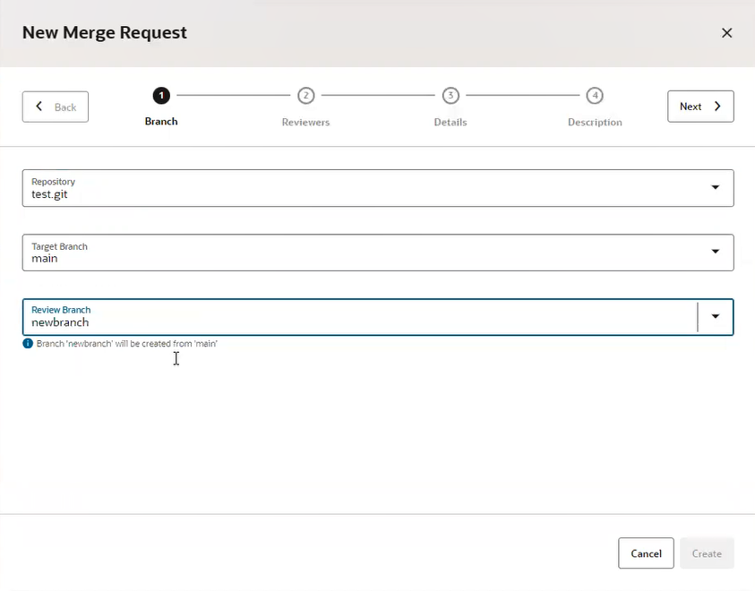 Branch dialog in the New Merge Request wizard, with all fields completed. The repository is test.git, the target branch is main, and the review branch is newbranch. The message 