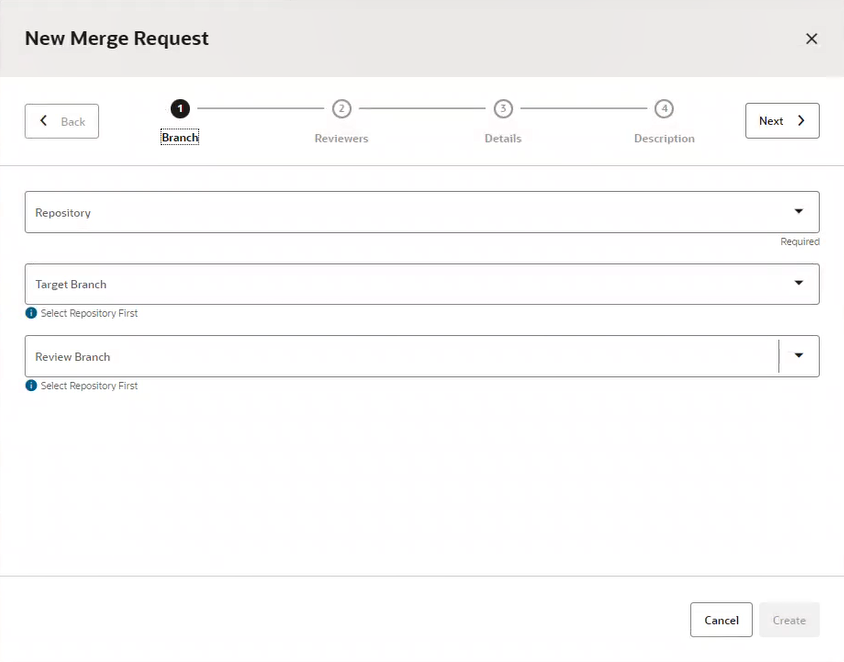Branch dialog in the New Merge Request wizard, before anything has been entered. The Repository, Target Branch, and Review Branch selector fields are empty. No selections have been made yet.