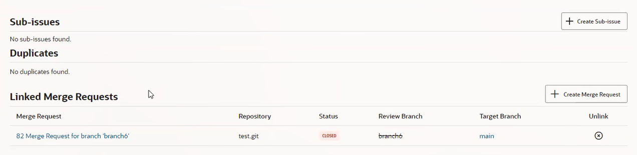 Initial Linked Merge Requests section before adding a new MR. The page shows one existing closed MR, 82 Merge Request for branch 'branch6' in the test.git repository. The target branch is main and the review branch is branch6.